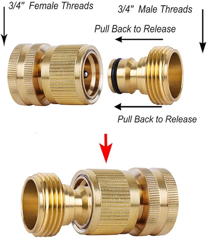Garden Hose Quick Connectors, Solid Brass 3/4 inch GHT Thread Easy Connect Fittings No-Leak Water Hose Male Female Value Pack (3)