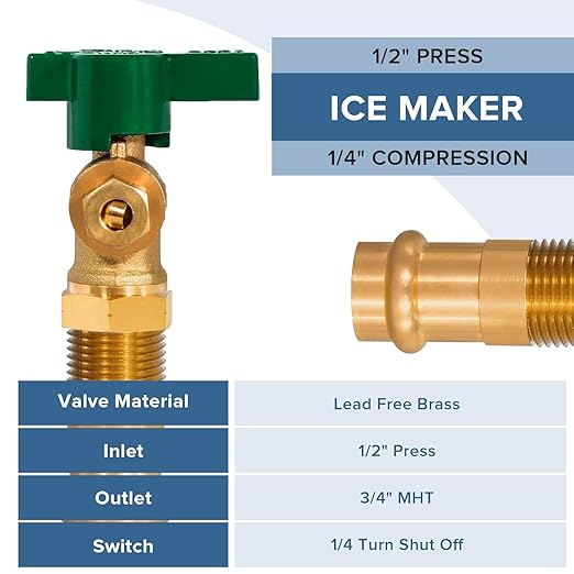 Pre-Assembled Ice Maker Outlet Box, 1/2-Inch Press x 1/4-Inch OD Compression with 1/4-Turn Ball Valve, Ice Maker Wall Box with Faucet