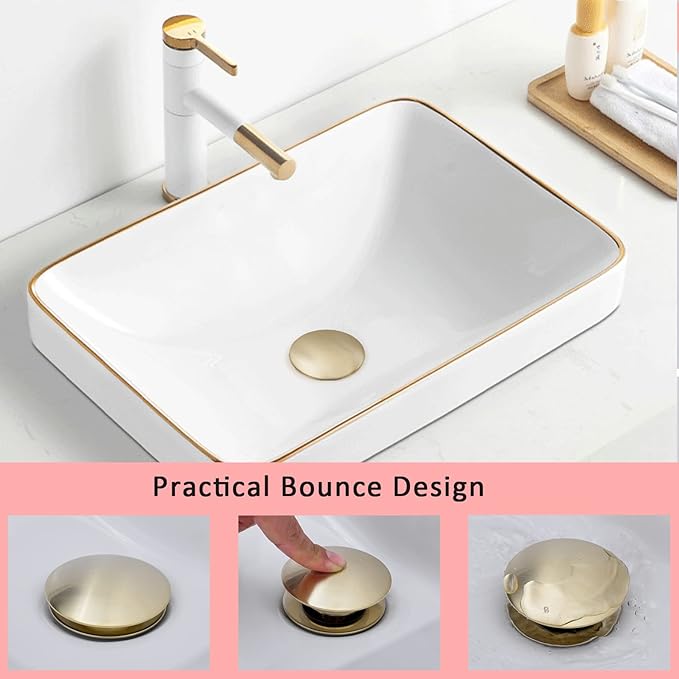 Bathroom Pop Up Drain Without Overflow, Bathroom Sink Push Pop Up Assembly Vessel Drain Without Overflow. (Brushed Gold)