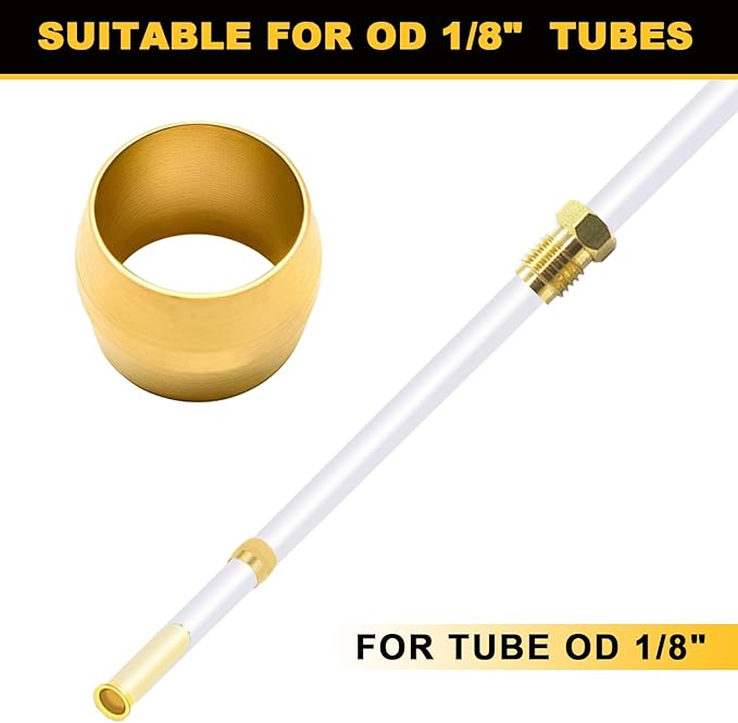 Siptenk 100PCS Brass Compression Sleeves Ferrules for Tube OD 1/8", Hose Compression Fitting Brass Ferrule for DOT Air Brake Lines, Water, Fuel, Oil