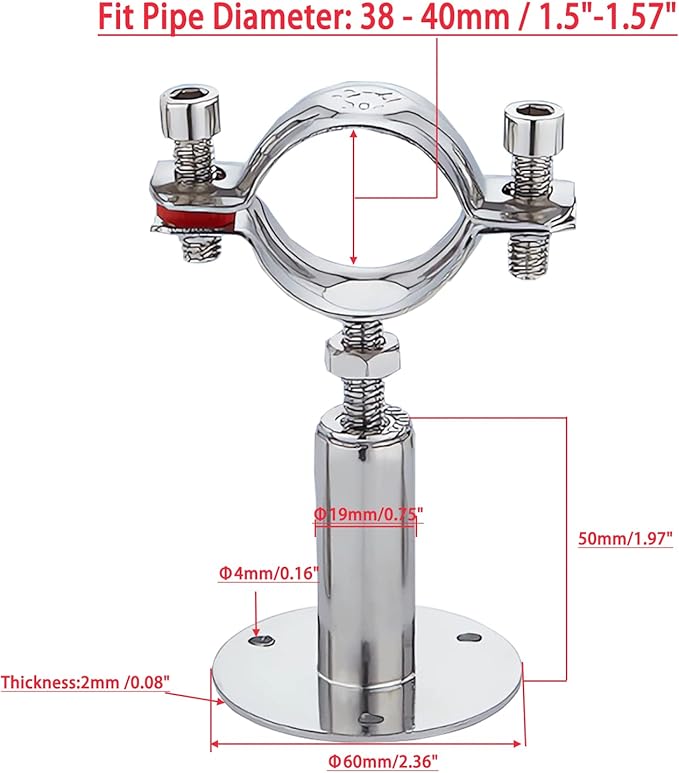 2PCS Wall Mount Ceiling Mount Pipe 304 Stainless Steel Pipe Supports Pipe Standoff Adjustable Height 30-60mm（1.18"-2.36"） for OD Pipe 25-27mm(0.98-1.06in)