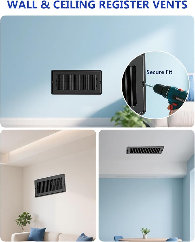 4x10 Floor Regsiter Vent Covers for Home Floor Wall Ceiling - Black with Screws for Easy Installation - Heavy Duty Steel Walkable Finish for Quiet Adjustable Air Vent Cover 4‘’ x 10‘’- 5 Pack