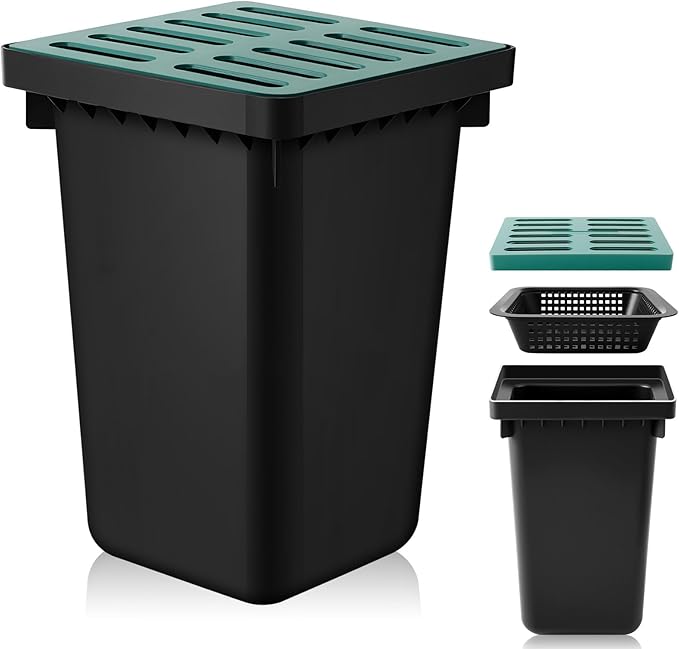Catch Basin with Grate 15 x 15 × 24 Inch Square Large Catch Basin for Drainage with Debris Basket French Drain Without Reserved Hole for Yard, Downspout, Lawn, Municipal Pipeline