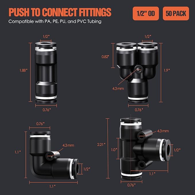 1/2" OD Push to Connect Fittings Kits –50PCS Air Line Connectors with Tee, Straight, Elbow, Splitters, Quick Connect Pneumatic Fittings, Push Lock Air Hose Fittings for Compressor, Air Tools & Tubing