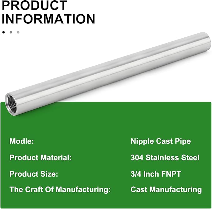 TAISHER 2PCS Stainless Steel Pipe Fittings, 3/4" NPT x 3/4" NPT Female Threaded, 12" Length Nipple Cast Pipe