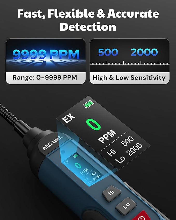 AGT-1988PRO Rechargeable Natural Gas Detector, Gas Leak Detector with 6.9-Inch Neck, TFT Color Display, 0–9999PPM Range for Combustible Leaks Like Propane, Methane for Home & RV - Blue