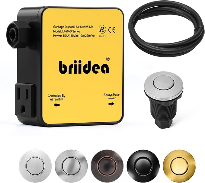 Garbage Disposal Air Switch Kit Dual Outlet Sink Top Waste Disposal Stainless Steel Brushed Nickel On/Off Air Button Food and Waste Disposals Part by Briidea, UL Listed