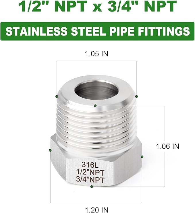 TAISHER 5PCS Forging of 316L Stainless Steel Reducer Hex Bushing, 3/4" Male NPT to 1/2" Female NPT, Reducing Forging Pipe Adapter Fitting