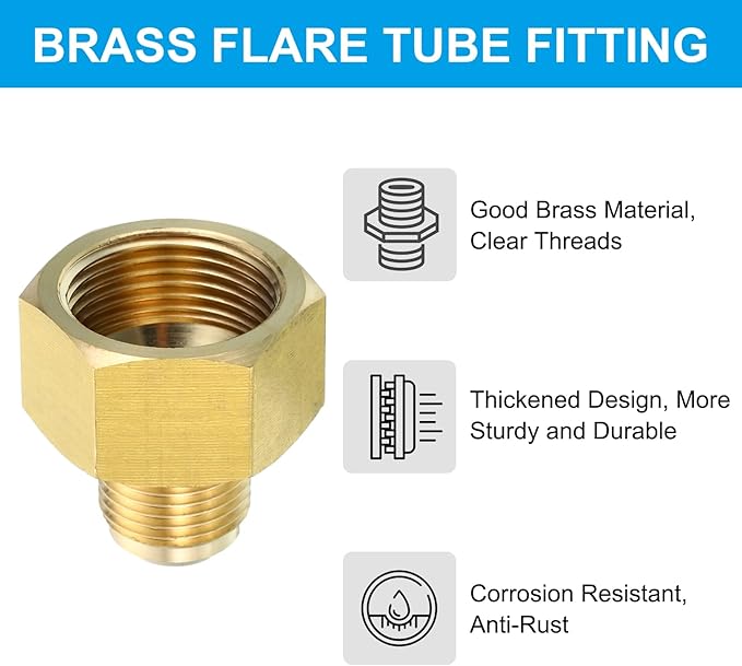 PATIKIL 3/4 Inch (1-1/16-14UNF) Female x 1/2 Inch (3/4-16UNF) Male SAE 45 Degree Flare Brass Connector for Air Gas Pipeline Refrigeration HVAC