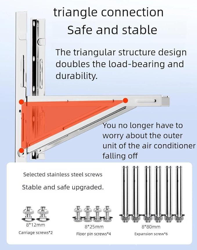 mini Split Wall mounting Bracket Fits 9000-36000 BTU condensers Required mounting Screws Included Maximum Weight 320 lbs. 1.3 Thickness mm Stainless Steel Wall Mount Air Conditioner Bracket