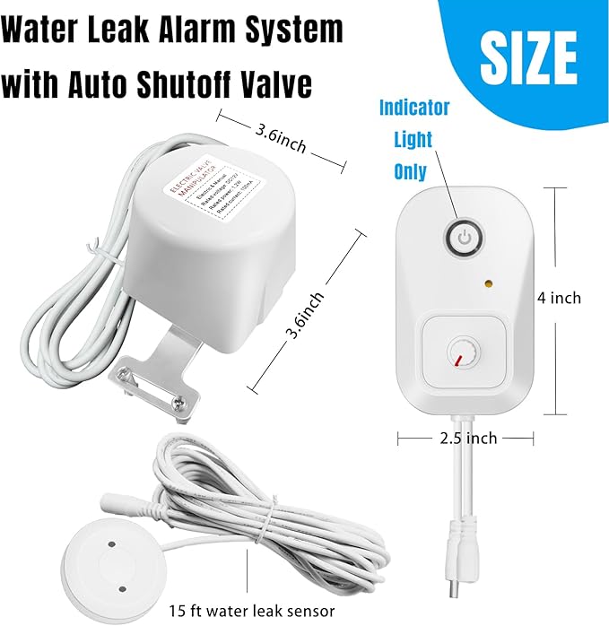 Water Leak Detector with Automatic Shutoff, Plug-in Power Control, Includes Leak Sensor and Water Valve, Suitable for Various Pipe Sizes, Protect Your Home from Water Damage