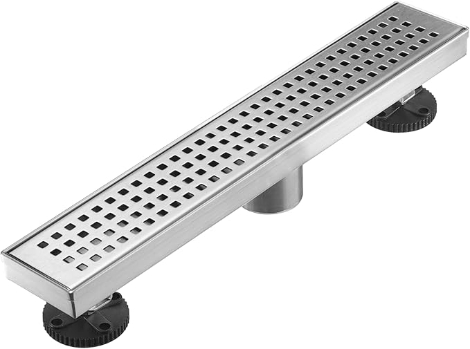 Linear Shower Floor Drain, Brushed Nickel 18 Inch 304 Stainless Steel Bathroom Drains Kit, Long Rectangular Shower Trench Drain with Square Pattern Drain Cover & Hair Catcher