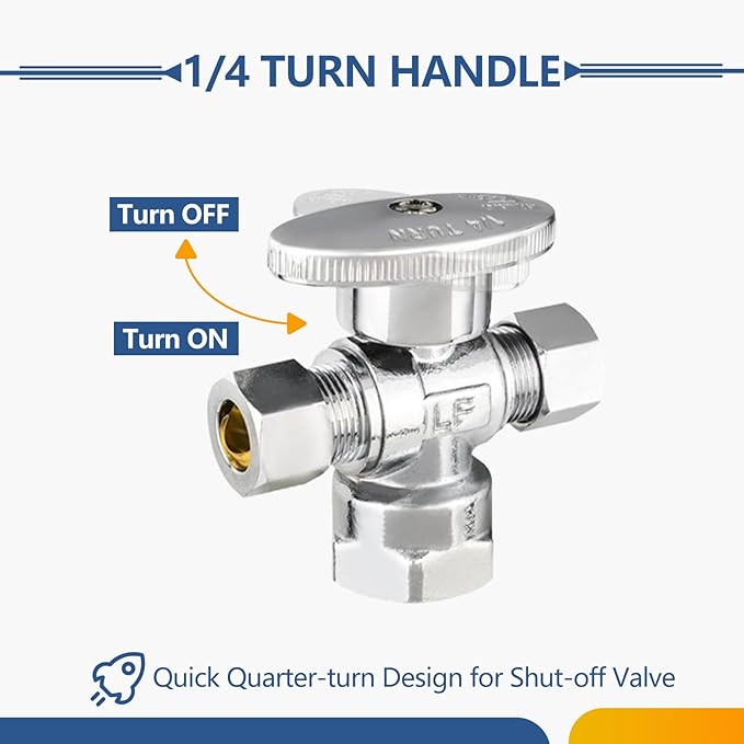 5-Pack GUOFIS Angle Stop Valve with Dual Compression Outlet,1/2" Fip Iron Pipe Inlet x (3/8" x 3/8") Outlet Shut-off Valves(1/4 Turn,Chrome)(VALVE369)
