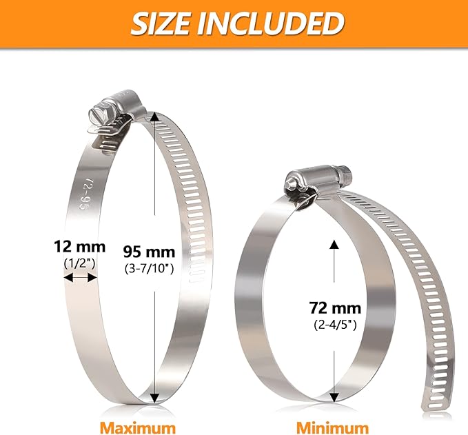 12Pack 3 inch Hose Clamp, Adjustable 304 Stainless Steel Duct Clamps Hose Clamp from 2-4/5"-3-7/10"/72-95mm, Metal Worm Drive Gear Duct Clamp for Air Ducting, Dryer Vent Hose, Fuel Line, Plumbing