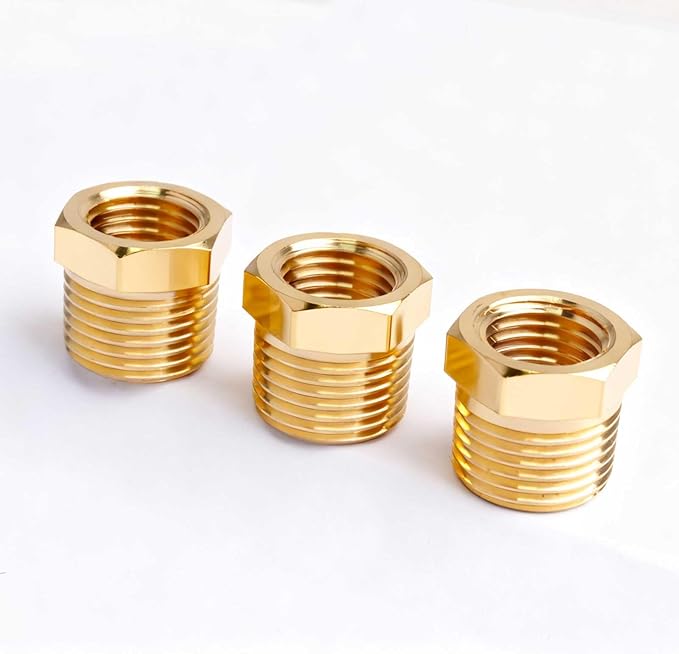 3/8" NPT Male to 1/4" NPT Female Brass Hex Bushing Reducing Bushing Pipe Fitting, Brass Fitting Reducer Adapter 3 Pack