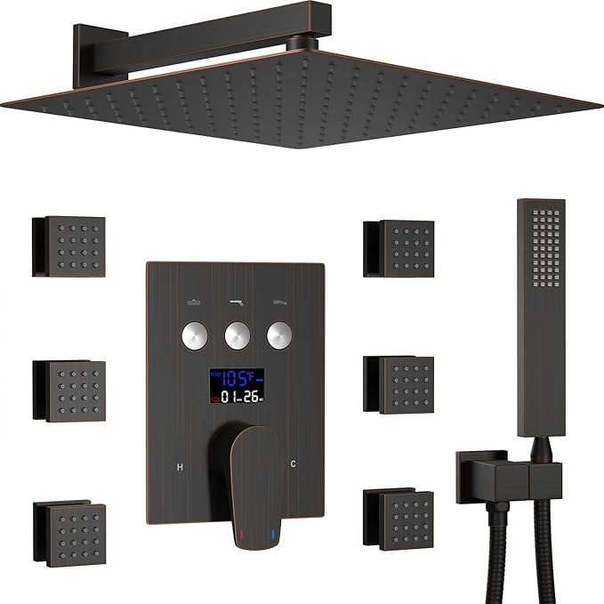 Temperature Display Rain Mixer Shower Faucet Set with 6 pcs Body Jets 12 inch Square Rainfall Shower Head with Handheld Spray Wall Mounted Rough-in Valve and Trim Included, Oil Rubbed Bronze