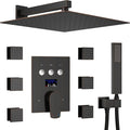 Temperature Display Rain Mixer Shower Faucet Set with 6 pcs Body Jets 12 inch Square Rainfall Shower Head with Handheld Spray Wall Mounted Rough-in Valve and Trim Included, Oil Rubbed Bronze
