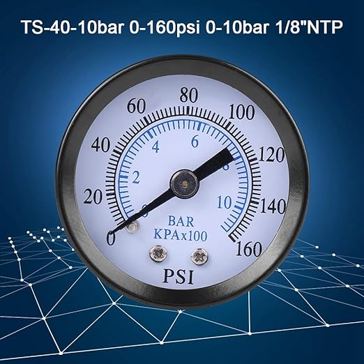 Water Pressure Gauges, 40mm Mini Pressure Gauges 0-160PSI / 0-10BAR Dual Scale 1/8" NPT Thread Indicator Meter for Air Oil Light Fluid Systems