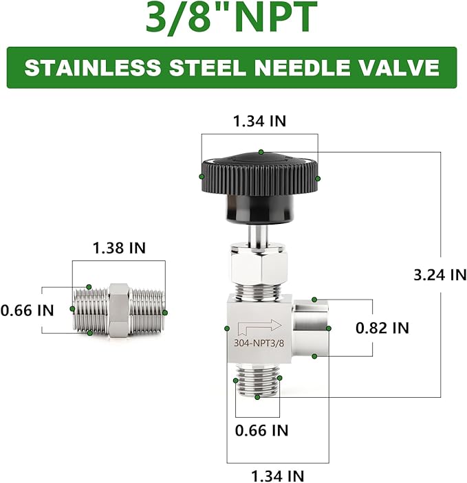 TAISHER 1PCS 304 Stainless Steel 90 Degree Needle Valve 3/8" NPT Male x 3/8" NPT Female For Flow Control Water Gas Oil With Nipple