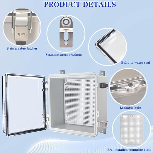 Waterproof Electrical Box with Mounting Plate, IP67 Junction Box Stainless Steel Latch Hinged Clear Cover Project Enclosure with Wall Bracket and 2 Glands 8.3" x 8.3" x 3.9"