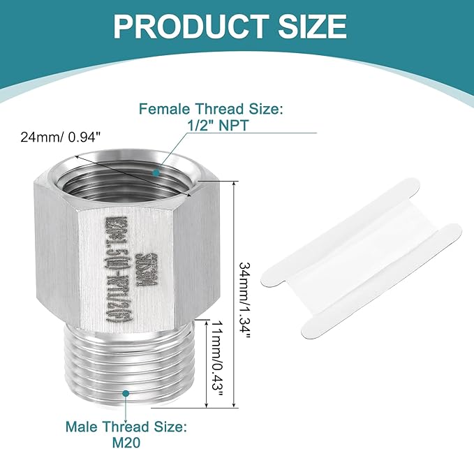 uxcell Pipe Fitting Reducing Adapter, M20 Male x 1/2" NPT Female 304 Stainless Steel Reducer Connectors for Water Oil Air Pressure Gauge, Silver