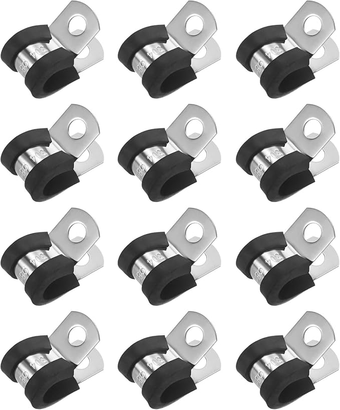 12-Pack Cable Clamps, 5/16 Inch/ 8 mm 304 Stainless Steel Rubber Cushioned Insulated Cable Clamp R Shape Metal Holder for Tube/Wire/Pipe/Loop Installation