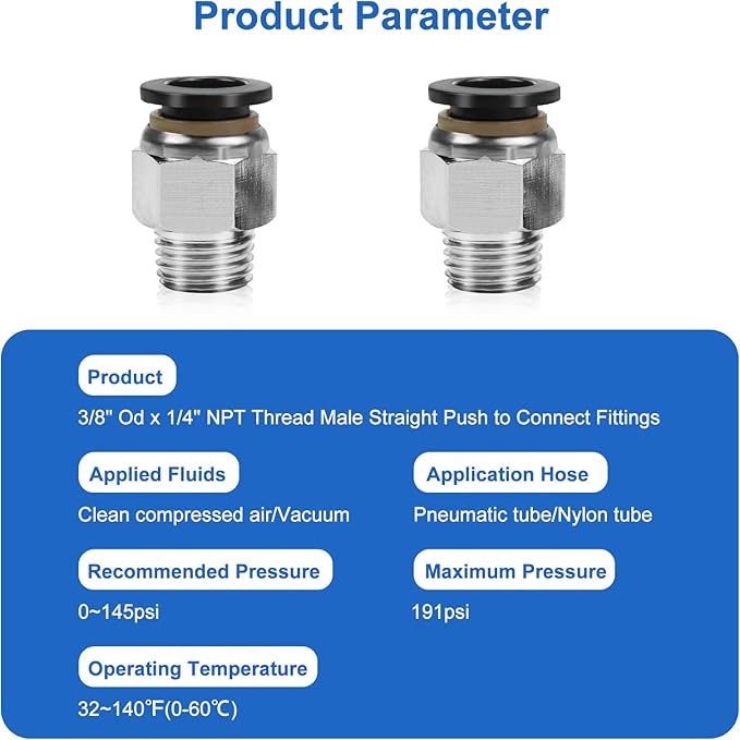 10 Pcs Push-to-Connect Fittings 3/8 Inch Tube OD x 1/4 Inch NPT Thread Pneumatic Male Straight Quick Connect Air line fittings