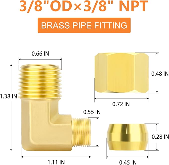 GASHER 5PCS Brass 90 Degree Elbow Compression Tube Pipe Fitting Connector, 3/8" Tube OD x 3/8" NPT Male Connector