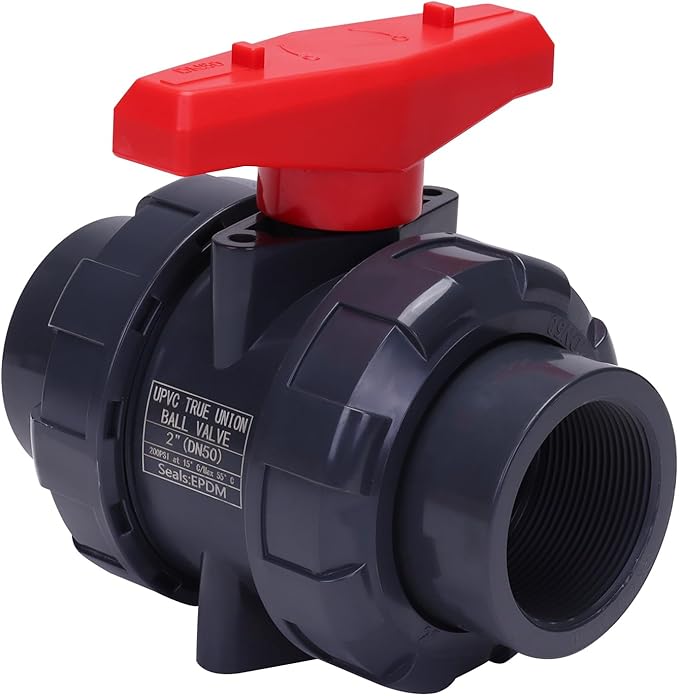 DERNORD PVC True Union Ball Valve NPT Threaded with Full Port, EPDM O-Rings, and Reversible PTFE Seats, Rated at 200 PSI (2 Inch NPT Threaded)
