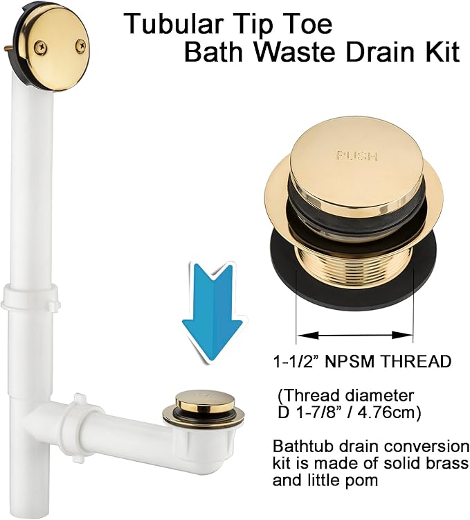 (1 Pack) Yariwiz 1-1/2" Golden Bathtub Tub Drain Kit Bath Waste Overflow Drain Tube Assembly with Touch-Toe Tub Drain Stopper and Overflow Faceplate Gold