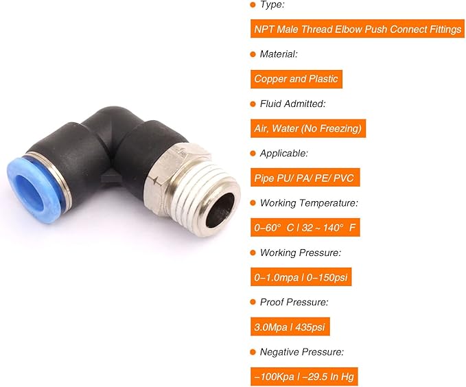CEKER 1/2 Elbow Male Airlines Push Fittings 90 Degree Push to Connect Fittings Air Fittings, PL 8MM Tubing Od x 1/2" Npt Thread Pneumatic Push In Connectors Quick Connect Tube Fittings 2Packs