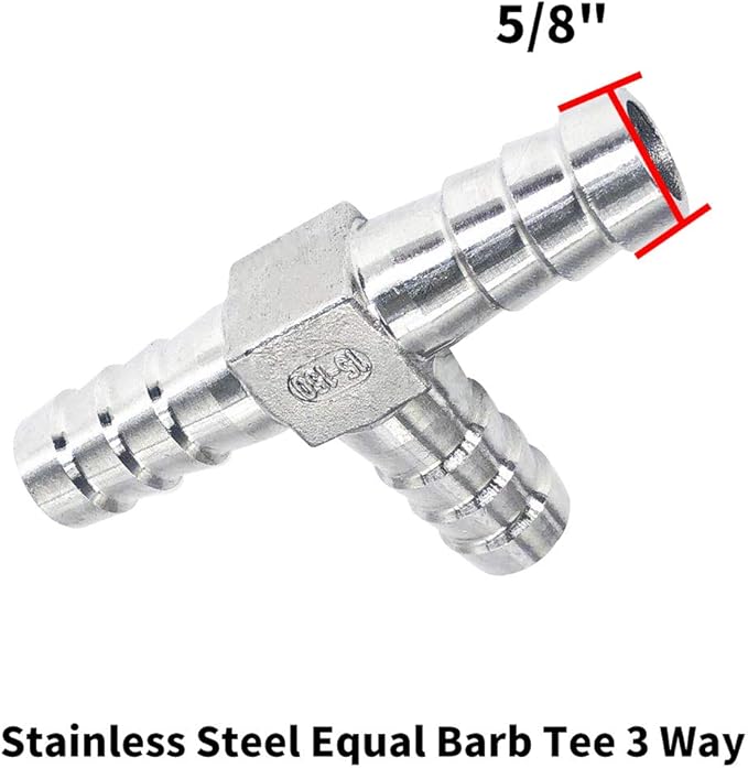 5/8" Tee Hose Barb Fitting Stainless Steel Equal Barb 3 Way T shaped Splitter Joint Connector Adapter Union Fitting for Fuel Gas Liquid Air