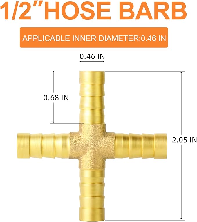 GASHER 5PCS 1/2" Brass Hose Barb, 4-Way Hose Fitting with 20 Hose Clamp Intersection/Lquid/Fuel/Air