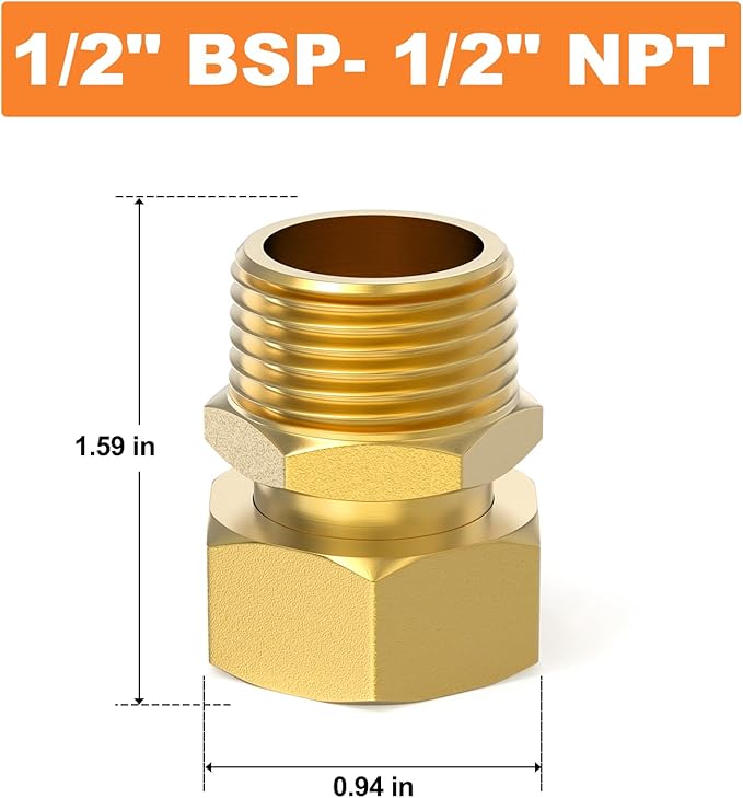 GASHER 5Pcs Brass Water Meter Pipe Fitting，1/2" NPT Male x 1/2" Female Adapter Pipe Fitting