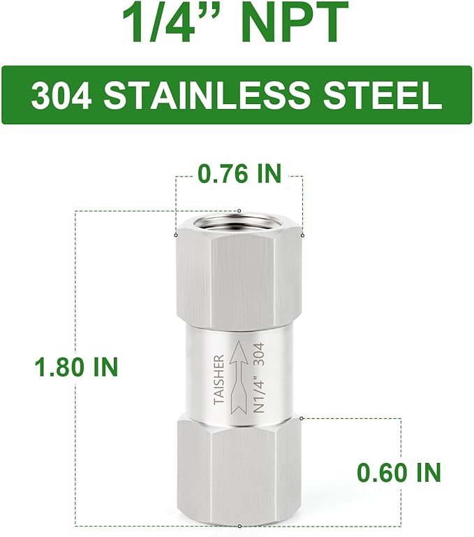 TAISHER 1PCS 304 Stainless Steel 1/4" NPT Female Check Valve,Backflow Prevention,One Way Non-Return Check Valves