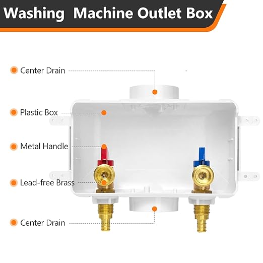 HeSun Washing Machine (Laundry) Outlet Box, 1/2 Inch Crimp Inlet x 3/4 Inch MHT Outlet, Pex Washer Box with Center Double Drain, Regular