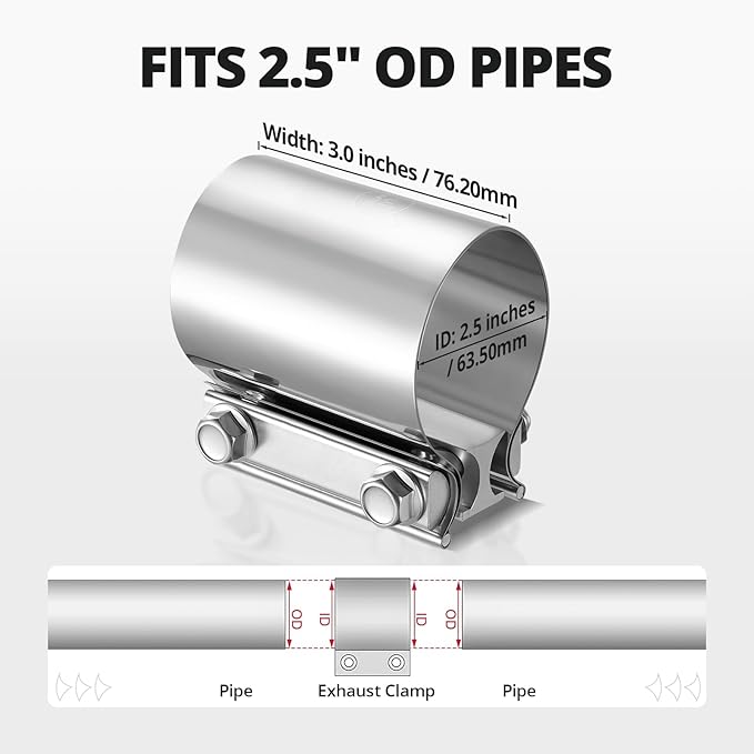 EVIL ENERGY 2.5 Inch Exhaust Clamp,2 1/2" Butt Joint Band Clamp Sleeve Coupler Stainless Steel for Pipes,Mufflers,Catalytic Converters 4PCS