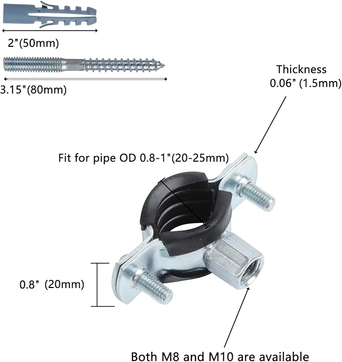 6 PCS Split Ring Pipe Hanger, Heavy Duty Adjustable Pipe Bracket Clamp with Screw & Expansion Tube, Wall Ceiling Mount Galvanized Iron Pipe Strap Supports Fit for Pipe OD 0.8-1 Inch(20-25mm)