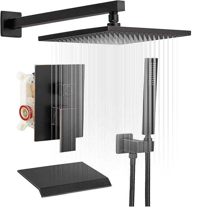 BWE 12 Inch Oill Rubbed Bronze Shower System Faucet Waterfall Tub Complete with Spout Set Square Luxury Rain Mixer Pressure Balancing 3-Function Wall Mount Rainfall Rough-in Valve Body and Trim