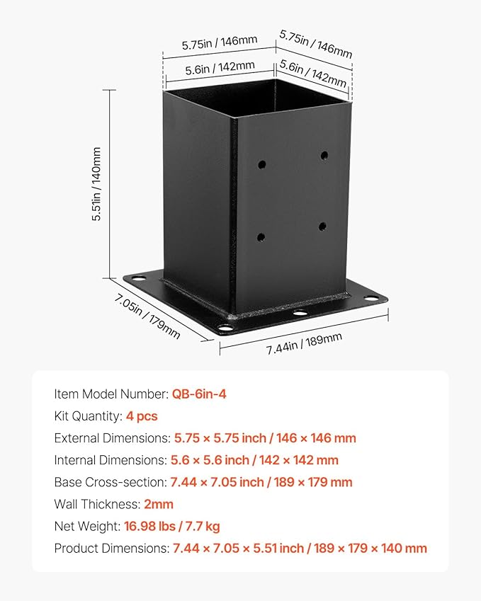 VEVOR 6x6 Post Base 4 Pcs, Inner Size 5.6x5.6 inch / 142x142 mm Post Brackets, Heavy Duty Carbon Steel Decking Posts, Wood Posts Brackets for Pavilion Deck Railing Support Deck Base Plate, Black