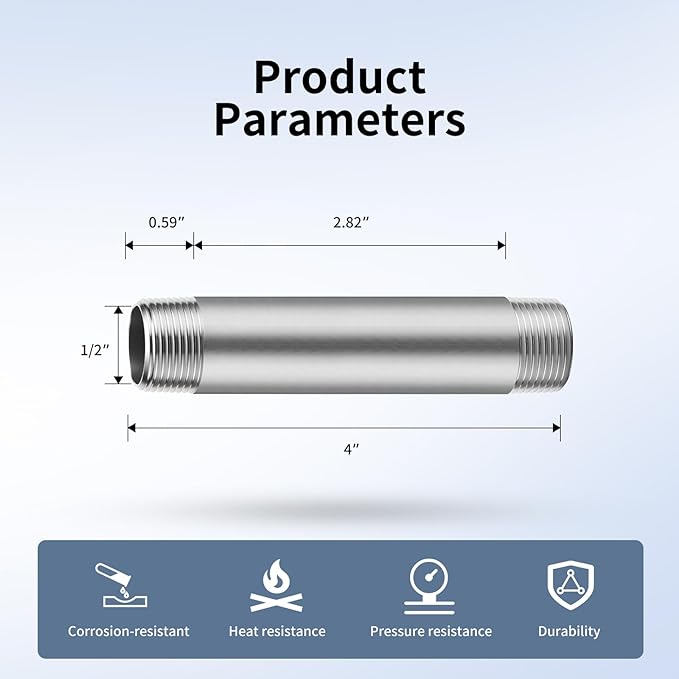 1/2"x4" 304 Stainless Steel Pipe, 1/2" NPTx 1/2" NPT Male Threaded Nipple, SCH40 Heavy Duty Pre-Cut Steel Pipe for Plumbing Gas, Hydraulic, and Industrial Applications(4",4 Piece)