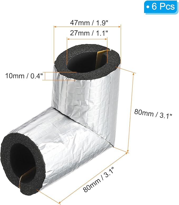 PATIKIL 1" Elbow Insulation Tubing, 6Pcs Self Adhesive Water Pipe Insulation Tube Foam Tubes Sleeve Cover Wrapping with Aluminum Foil for Heat Preservation Freeze Protection, Black