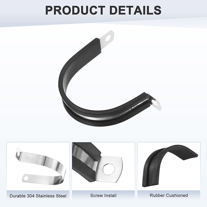 12-Pack Cable Clamps, 1-23/32 inch/ 44 mm 304 Stainless Steel Rubber Cushioned Insulated Cable Clamp R Shape Metal Holder for Tube/Wire/Pipe/Loop Installation