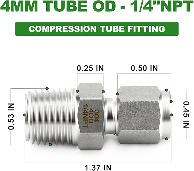 TAISHER 5PCS 304 Stainless Steel Compression Tube Pipe Fitting Connector, 4MM Tube OD x 1/4" NPT Male Straight Adapter