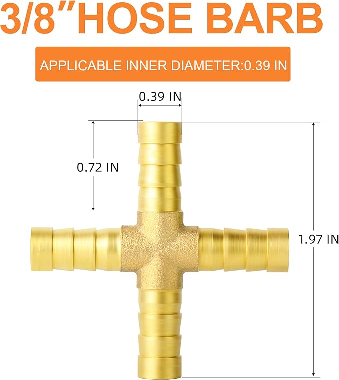 GASHER 5PCS 3/8" Brass Hose Barb, 4-Way Hose Fitting with 20 Hose Clamp Intersection/Lquid/Fuel/Air