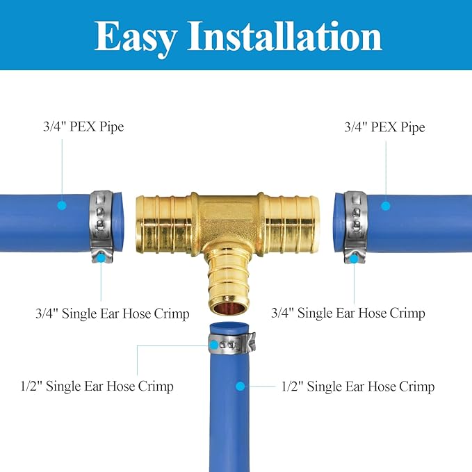 WiseWater 28 Pcs 3/4 x 3/4 x 1/2 Inch Reducing Tee PEX Fittings, Brass Barb Crimp PEX Pipe Fitting for PEX Pipe Plumbing Projects (Pack of 28)