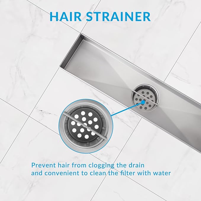 32 Inch Removable Cover Linear Shower Drain 304 Stainless Steel Rectangular Floor Drain for Kitchen Bathroom Square Hole Pattern Drain with Accessories Hair Strainer Adjustable Leveling Feet (Silver)