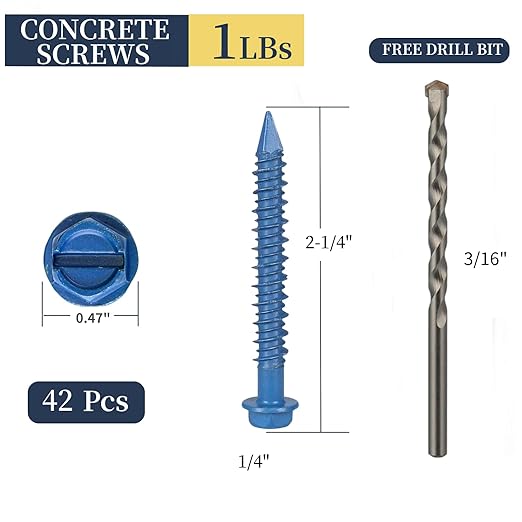 42Pcs 1/4 x 2-1/4 in Concrete Screws with Drill bits,Masonry Screws for Concrete Assortment Kit,Hex Head Block Cement Stacoo Screws and Anchors,Diamond Point,Blue Coated(1LB)