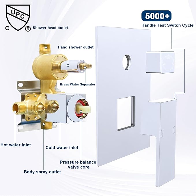 Drettyer Solid Brass Shower Valve Pressure Balancing Mixer Control 3 Outlet Function (Chrome)