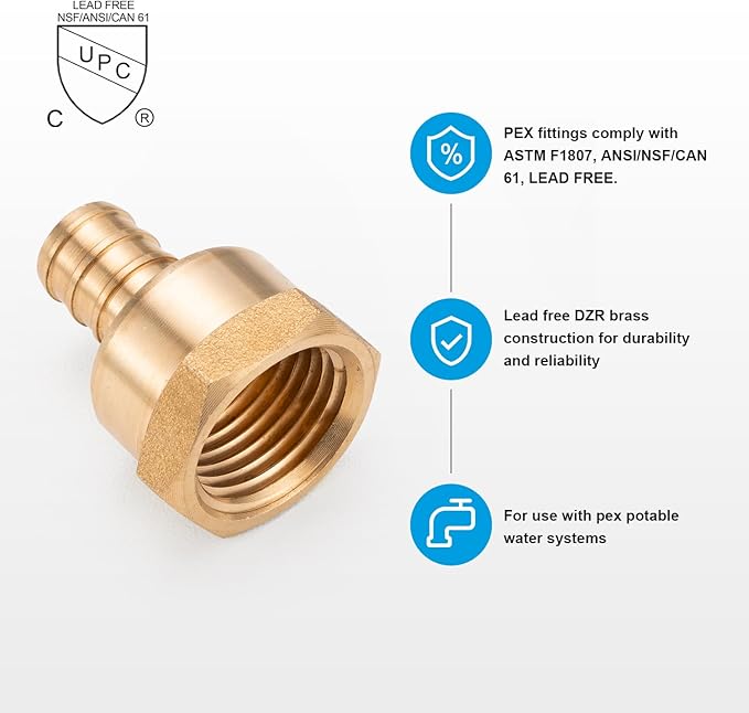 WMAXPFIT(6 Pack) 1/2 Inch PEX x 1/2 Inch Female NPT Thread Adapter F1807, LF Brass crimp fitting for PEX-b pipe